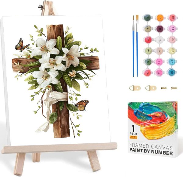 bleihum Paint by Numbers Kit for Adults with Frame Wooden Easel, Cross Easy Paint by Number Canvas, Small Floral Painting by Numbers for Beginner Home Decor Gift 8 x 12 Inch