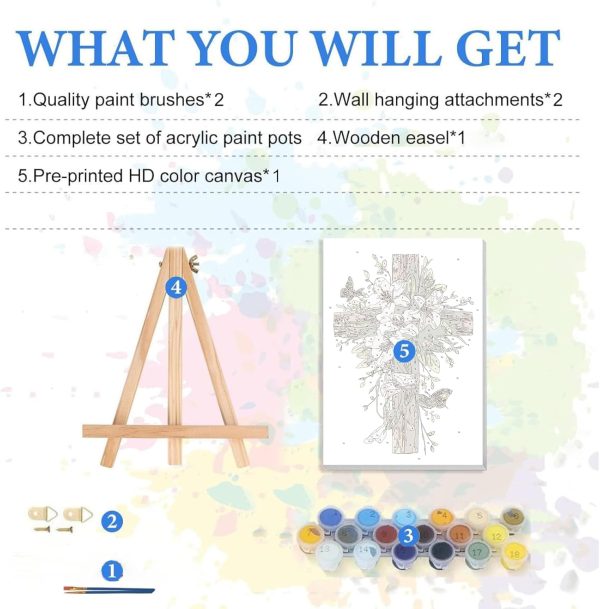 bleihum Paint by Numbers Kit for Adults with Frame Wooden Easel, Cross Easy Paint by Number Canvas, Small Floral Painting by Numbers for Beginner Home Decor Gift 8 x 12 Inch