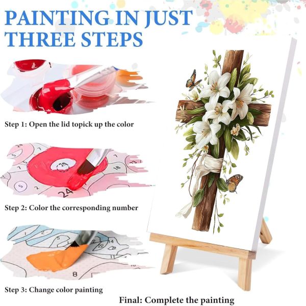 bleihum Paint by Numbers Kit for Adults with Frame Wooden Easel, Cross Easy Paint by Number Canvas, Small Floral Painting by Numbers for Beginner Home Decor Gift 8 x 12 Inch