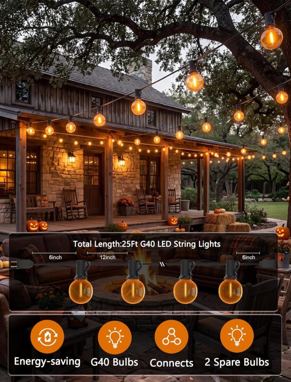 Halloween Orange String Lights, 25Ft G40 Outdoor Halloween Decorations Lights with 27 LED Shatterproof Orange Globe Bulbs, Hanging Patio Lights for Christmas Backyard Holiday Fall Party Garden Decor