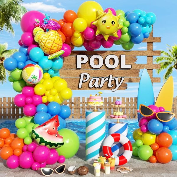 CTAC39CT_1 125pcs Pool Party Balloon Arch Kit with Green Blue Orange Hot Pink Yellow Beach Ball Balloons for Beach Hawaiian Luau Tropical Birthday decorations