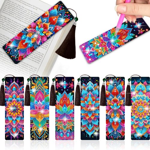 Wivico 6Pcs Diamond Art Painting Bookmarks Kits for Adults,7.9 * 2.4in Large PU Beginner DIY Paint By Numbers Kit with Tassels,Made with 5D Gem Dot Craftsmanship for Bibliophile Gifts(Mandala)