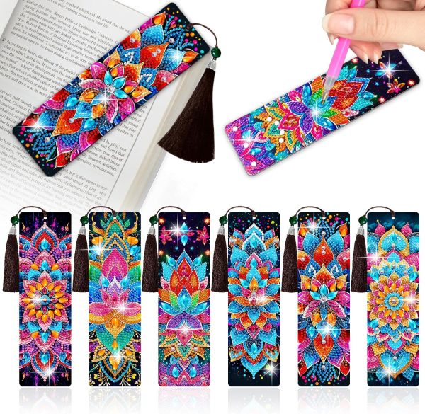 Wivico 6Pcs Diamond Art Painting Bookmarks Kits for Adults,7.9 * 2.4in Large PU Beginner DIY Paint By Numbers Kit with Tassels,Made with 5D Gem Dot Craftsmanship for Bibliophile Gifts(Mandala)