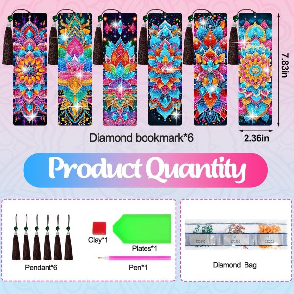 Wivico 6Pcs Diamond Art Painting Bookmarks Kits for Adults,7.9 * 2.4in Large PU Beginner DIY Paint By Numbers Kit with Tassels,Made with 5D Gem Dot Craftsmanship for Bibliophile Gifts(Mandala)