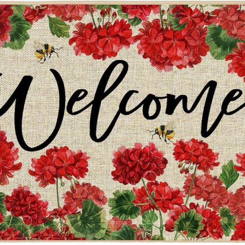 Baccessor Spring Summer Geranium Doormat Outdoor Red Flroal Flower Front Welcome Doormat Door Mat Non-Slip Rubber Backing Entrance Seasonal Outside Indoor Decoration Large 17x36 Inch