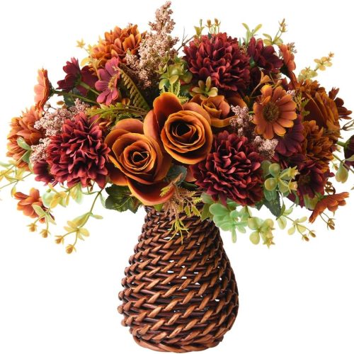 CTD-GR-038GK_1 Fall Artificial Faux Flowers in Vase Fake Silk Rose Bouquets Indoor Decor | Floral arrangements mums rose mix with handmade rattan vase, farmhouse table centerpieces for dinning room kitchen office