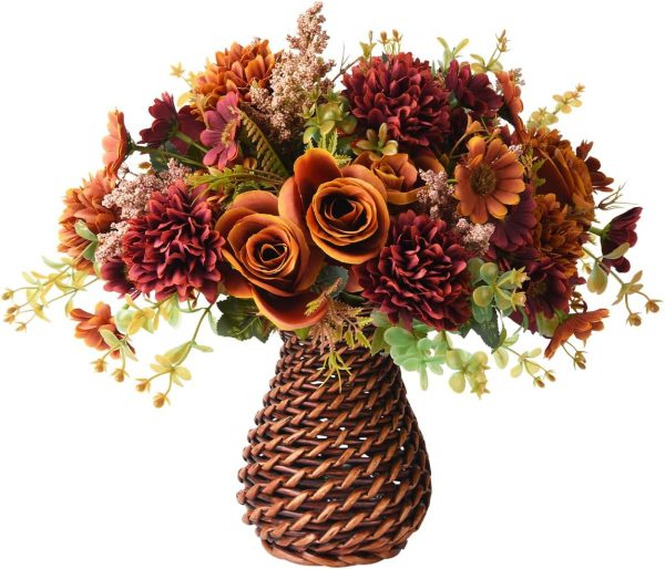 Fall Artificial Faux Flowers in Vase Fake Silk Rose Bouquets Indoor Decor | Floral arrangements mums rose mix with handmade rattan vase, farmhouse table centerpieces for dinning room kitchen office