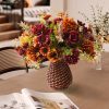Fall Artificial Faux Flowers in Vase Fake Silk Rose Bouquets Indoor Decor | Floral arrangements mums rose mix with handmade rattan vase, farmhouse table centerpieces for dinning room kitchen office