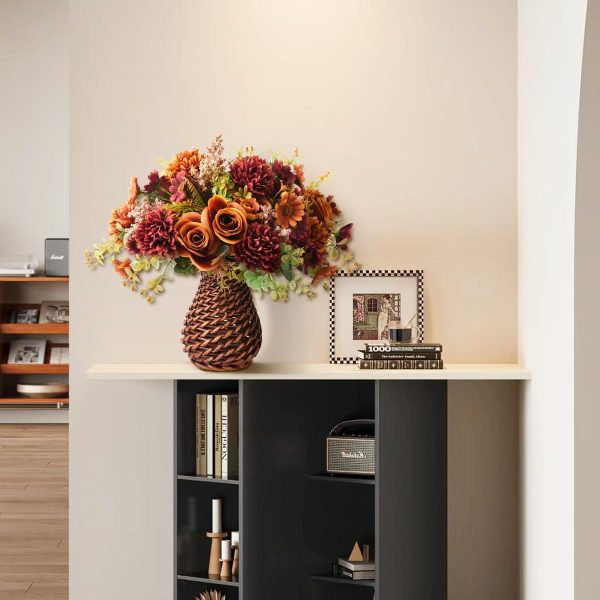 Fall Artificial Faux Flowers in Vase Fake Silk Rose Bouquets Indoor Decor | Floral arrangements mums rose mix with handmade rattan vase, farmhouse table centerpieces for dinning room kitchen office
