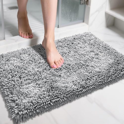 CTD-GR-082GK_1 Yimobra Chenille Bathroom Rugs Non Slip, Extra Thick Soft Absorbent Bath Rug 31.5x20 Inch, Machine Washable Quick Dry Bath Mat for Bathroom Floor, Tub and Shower, Home Decor Accessories, Light Grey