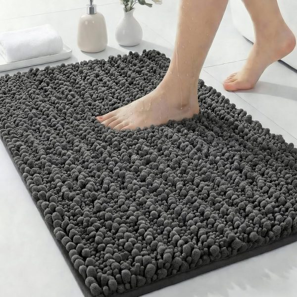 ILANGO Bathroom Rugs Dark Grey 36x24,Extra Soft Absorbent Chenille Bath Rugs,Thick Non-Slip Shaggy Bath Mat,Machine Washable Quick Dry Bath Mats for Bathroom Floor, Tub, Shower Accessories