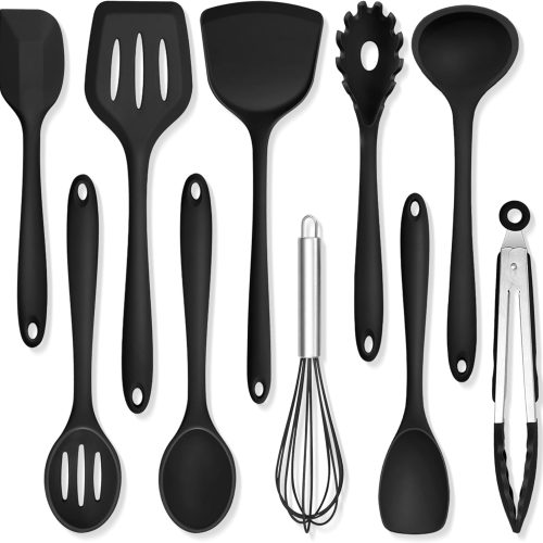 CTD-GR-1077GK_1 TeamFar Silicone Cooking Utensils, 10 pcs Kitchen Cooking Utensils Set, 446°F Heat Resistant Kitchen Gadgets Tools Set w/Spatula, Turners, Spoons, Soup Ladle, Pasta Server for Nonstick Cookware, Black