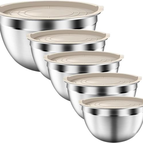 Mixing Bowls with Airtight Lids Set, 5 PCS Stainless Steel Khaki Nesting Bowls for Kitchen, Large Prep Metal Mixing Bowls for Kitchen, 5.5/4/3.5/2/1.5 QT for Mixing & Serving