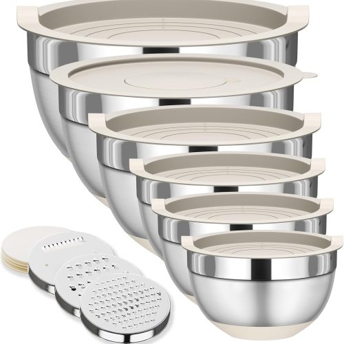 Fyrnova Mixing Bowls with Lids Set, 6 Piece Stainless Steel Nesting Storage Bowls for Kitchen, with 3 Grater Attachments & Non-Slip Bottoms, Size 5.5,3.5,2.5,2.1,1.5,1.1 QT