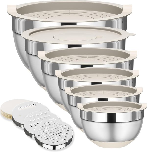 Fyrnova Mixing Bowls with Lids Set, 6 Piece Stainless Steel Nesting Storage Bowls for Kitchen, with 3 Grater Attachments & Non-Slip Bottoms, Size 5.5,3.5,2.5,2.1,1.5,1.1 QT