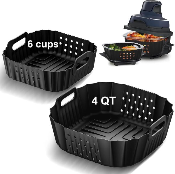 CTD-GR-1154GK_1 Air Fryer Silicone Liners for Ninja Crispi FN101GY/FN101SG/FN101ST Reusable | Big Liner for 4 QT Glass Container & Small Liner for 6 Cups Glass Container, 2 Pcs Reusable Non-Stick Basket Accessories