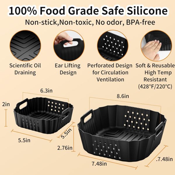 CTD-GR-1154GK_4 Air Fryer Silicone Liners for Ninja Crispi FN101GY/FN101SG/FN101ST Reusable | Big Liner for 4 QT Glass Container & Small Liner for 6 Cups Glass Container, 2 Pcs Reusable Non-Stick Basket Accessories