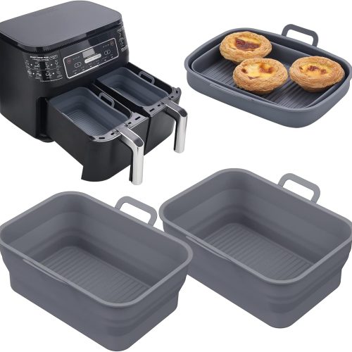 CTD-GR-1158GK_1 Collapsible 2-Pack Air Fryer Silicone Liners for 8QT & 10QT NINJA Foodi Dual, Reusable Rectangular Silicone Basket Pot for Air Fryer Accessories (Gray)