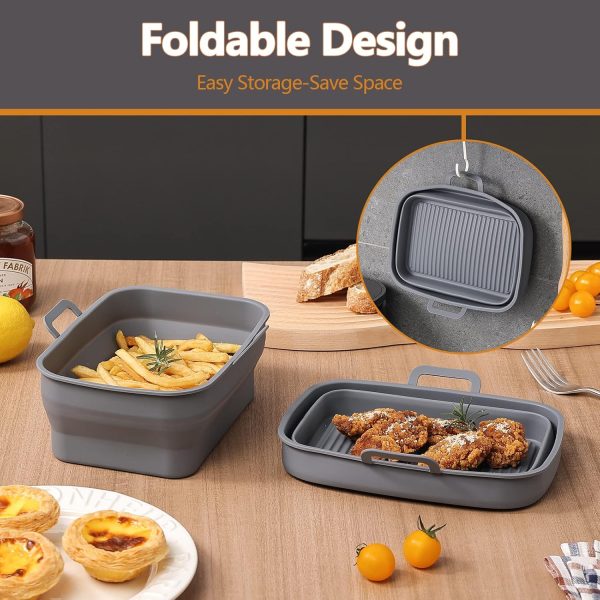 Collapsible 2-Pack Air Fryer Silicone Liners for 8QT & 10QT NINJA Foodi Dual, Reusable Rectangular Silicone Basket Pot for Air Fryer Accessories (Gray)