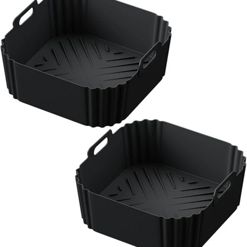 CTD-GR-1173GK_1 Air Fryer Silicone Liners for Ninja AF140 AF141 AF180 AF181 Air Fryer for Philips HD9270 Basket Baking,9inch Reusable square,Black×2 pack