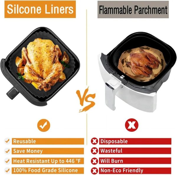 Air Fryer Silicone Liners for Ninja AF140 AF141 AF180 AF181 Air Fryer for Philips HD9270 Basket Baking,9inch Reusable square,Black×2 pack