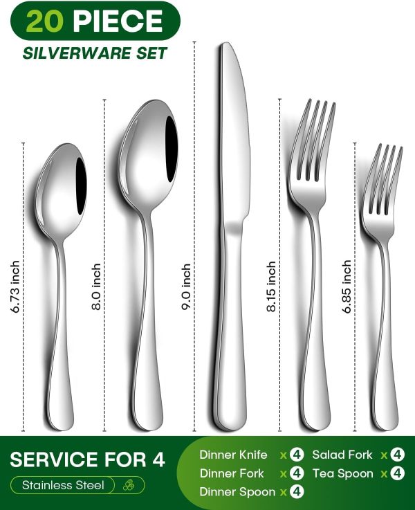 CTD-GR-1336GK_2 PHILIPALA 20 Piece Silverware Set, Stainless Steel Flatware Set for 4 Food Grade Novelty Flatware Cutlery Utensil Set Include Knife Fork Spoon Mirror Polished Dishwasher Safe