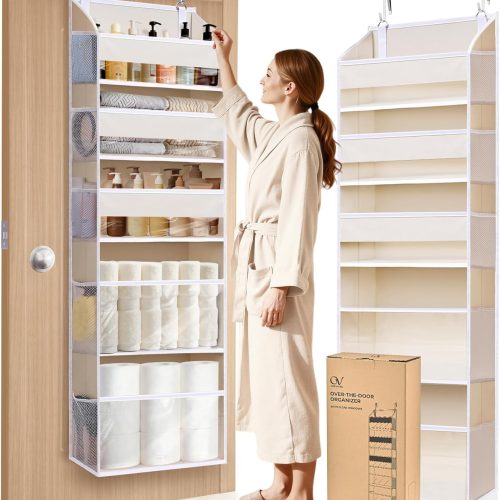 CTD-GR-1424_1 5 Tiers Over the Door Organizer with 10 Mesh Side Pockets, 44 lbs Weight Capacity Closet Hanging Storage Organizer with Large Clear Window Kids Toys, Shoes, Diapers, Beige