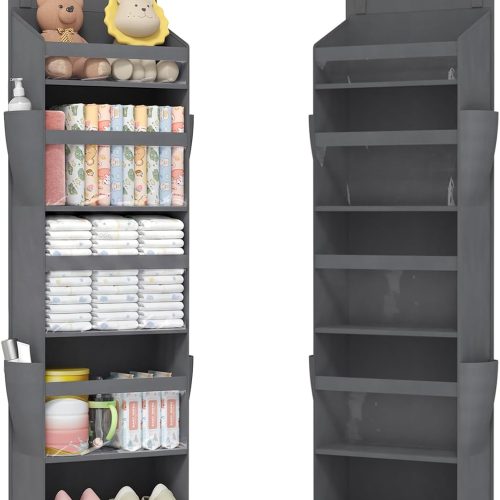CTD-GR-1442GK_1 Lifewit 1 Pack Over the Door Organizer, 5 Section Clear Window Hanging Storage with 4 Side Pockets, Sturdy Anti Tilt 40 lbs Load Behind Door for Closet, Bedroom, Bathroom, Nursery, Dorm, Dark Gray