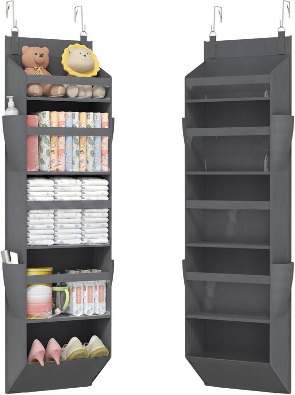 Lifewit 1 Pack Over the Door Organizer, 5 Section Clear Window Hanging Storage with 4 Side Pockets, Sturdy Anti Tilt 40 lbs Load Behind Door for Closet, Bedroom, Bathroom, Nursery, Dorm, Dark Gray