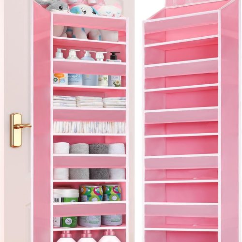 CTD-GR-1471GK_1 Over Door Hanging Organizer, No Tilt Baby Closet Organizer for Diaper Kids Toys, Hanging Organizer Storage for Newborn Essentials Nursery Bathroom (6 tier Pink)