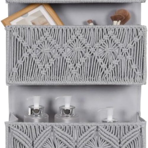 CTD-GR-1491GK_1 Macrame Over the Door Organizer, Boho Nursery Door Organizer with 4 Large Hanging Pockets, Over Door Baby Organizer for Diapers, Wipes, Bathroom, Bedroom, Grey