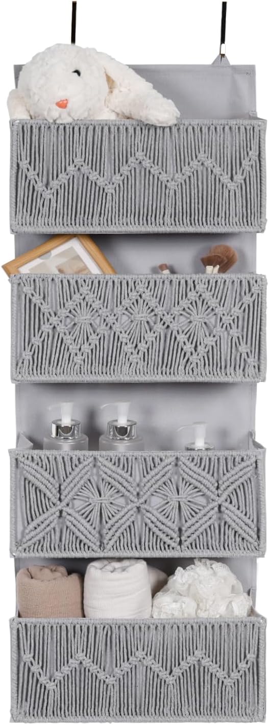 Macrame Over the Door Organizer, Boho Nursery Door Organizer with 4 Large Hanging Pockets, Over Door Baby Organizer for Diapers, Wipes, Bathroom, Bedroom, Grey