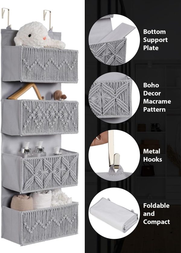 Macrame Over the Door Organizer, Boho Nursery Door Organizer with 4 Large Hanging Pockets, Over Door Baby Organizer for Diapers, Wipes, Bathroom, Bedroom, Grey