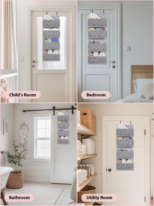 Macrame Over the Door Organizer, Boho Nursery Door Organizer with 4 Large Hanging Pockets, Over Door Baby Organizer for Diapers, Wipes, Bathroom, Bedroom, Grey