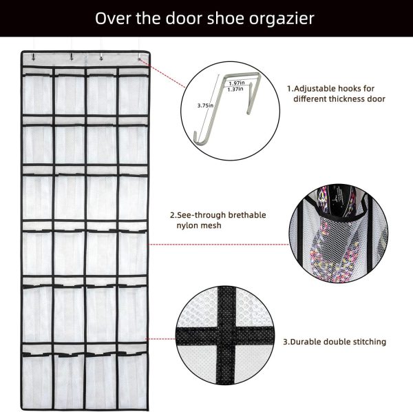 CTD-GR-1501GK_3 SAVERHO Over the Door Shoe Organizer, Hanging Shoe Organizer with 24 Mesh Large Pockets Door Shoe Rack Organizer for Men Women Kids Hanging Shoe Storage Bag.(White