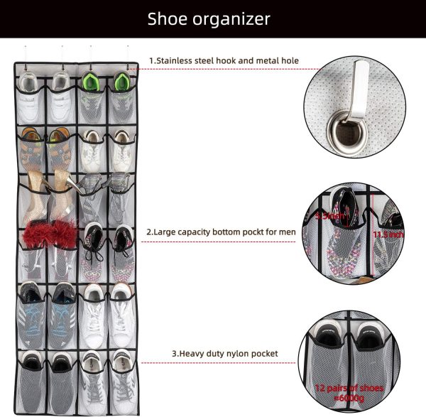 CTD-GR-1501GK_4 SAVERHO Over the Door Shoe Organizer, Hanging Shoe Organizer with 24 Mesh Large Pockets Door Shoe Rack Organizer for Men Women Kids Hanging Shoe Storage Bag.(White