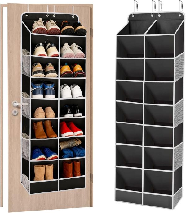 8-Layer Over The Door Shoe Organizer with 16 Compartments, Pockets Heavy-Duty Non-Woven Fabric Hanging Shoes Storage Rack,Hanging Shoe Rack Space Saving Shoe Storage for Bedroom Closet Bathroom