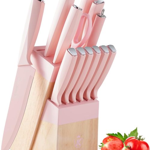 CTD-GR-1553_1 14-Piece Aesthetic Pink Knife Set with Wood Block Non-Rust Elegant Gifts | Kitchen Knife Sets for Women Modern Kitchen Decor,Non Rust Sharp Stainless Steel Knives With Sharpener
