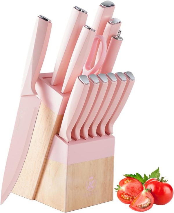 CTD-GR-1553_1 14-Piece Aesthetic Pink Knife Set with Wood Block Non-Rust Elegant Gifts | Kitchen Knife Sets for Women Modern Kitchen Decor,Non Rust Sharp Stainless Steel Knives With Sharpener
