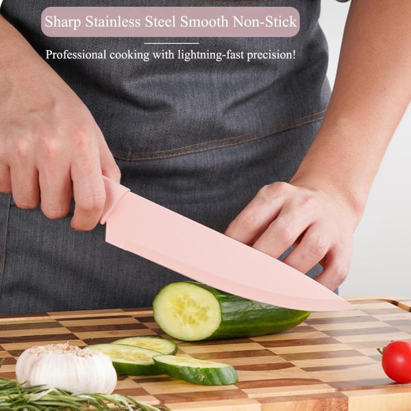 CTD-GR-1553_2 14-Piece Aesthetic Pink Knife Set with Wood Block Non-Rust Elegant Gifts | Kitchen Knife Sets for Women Modern Kitchen Decor,Non Rust Sharp Stainless Steel Knives With Sharpener