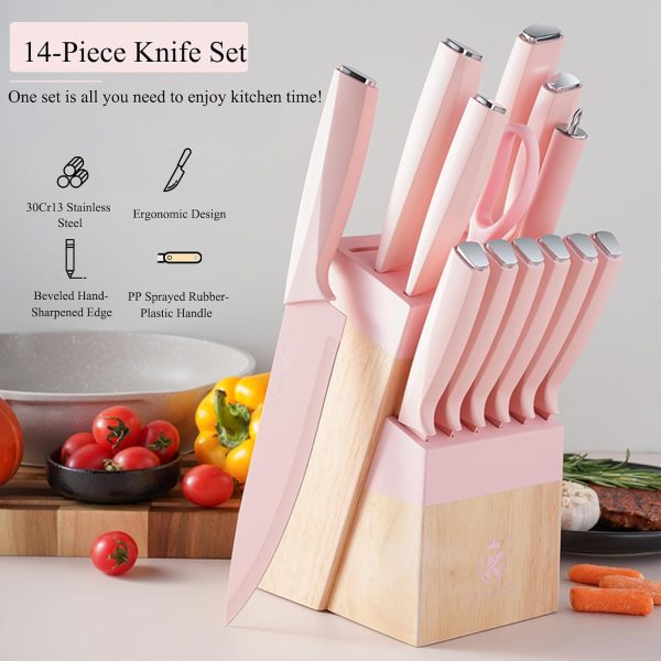 CTD-GR-1553_4 14-Piece Aesthetic Pink Knife Set with Wood Block Non-Rust Elegant Gifts | Kitchen Knife Sets for Women Modern Kitchen Decor,Non Rust Sharp Stainless Steel Knives With Sharpener