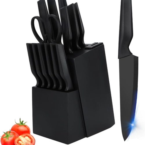 CTD-GR-1555GK_1 Knife Set, 14Pcs Kitchen Knife Set with Block Self Sharpening, High Carbon Stainless Steel Ultra Sharp Knives for Kitchen, 6 Steak Knives, Anti-slip Handle, Black, Elegant Gifts (Black)