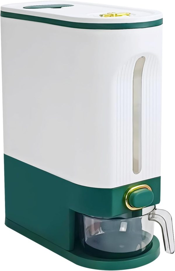 CTD-GR-1580_1 25 Lbs Rice Dispenser,One-Touch Rice Storage with Measuring Cup and Lids | White&Green Rice Container with One-Touch,Cereal Dispenser Storage with Lids for Rice, Corn,Soybean, Oatmeal,Moisture Proof