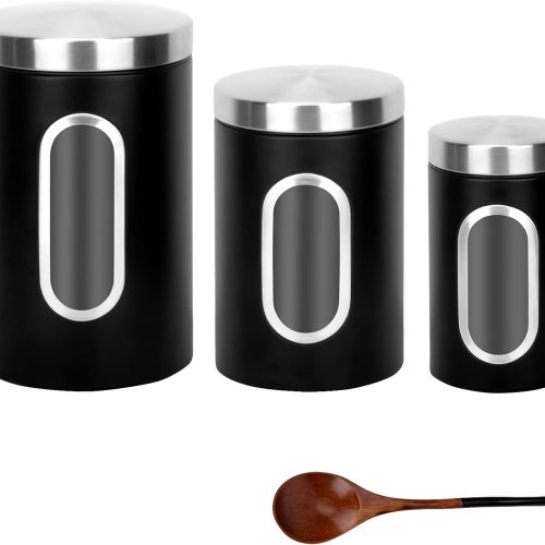 Black Kitchen Counter Canister set 3 pieces, 0.9/1.6/2.9 Quarts Stainless Steel Flour Sugar Tea Coffee Biscult Storage Containers with with Long Wood Spoon&Visible