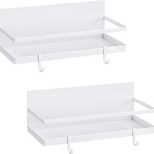 CTD-GR-1665GK_1 Magnetic Spice Rack, AUVAHOX Strong Magnetic Shelf with 4 Removable Hooks, Perfect Space Saver for Small Kitchen/ Apartment, Awesome Metal Cabinet for Holding Spices, Jars, Bottle(White, 2Pack)