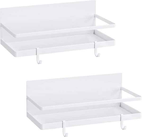 Magnetic Spice Rack, AUVAHOX Strong Magnetic Shelf with 4 Removable Hooks, Perfect Space Saver for Small Kitchen/ Apartment, Awesome Metal Cabinet for Holding Spices, Jars, Bottle(White, 2Pack)