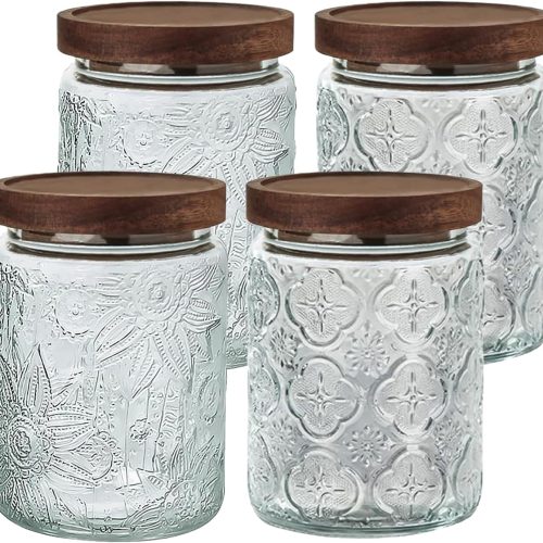 CTD-GR-1708GK_1 Vintage Glass Jar with Lid Airtight Candy Coffee Canister Food Storage Set | 24oz Decorative Container Set with Silicone-Sealed Bamboo Lid, Thick Glass BPA-Free, for Kitchen Stores Sugar Flour-4 Pack