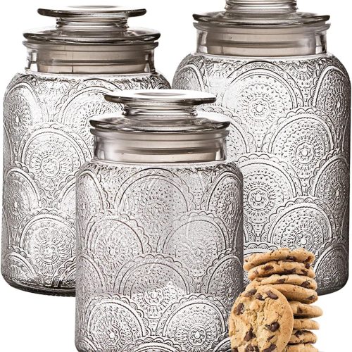 CTD-GR-1713GK_1 Le'raze Food Storage Containers with Airtight Lids - Retro Design - Pantry Organization, Glass Canisters Storage for Cookies, Tea, Sugar, Candy Jars, Sugar Packet, Set of 3
