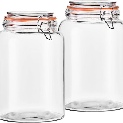 1 Gallon Wide Mouth Glass Jars, Airtight Leakproof Canisters with Lids, Clear Food Storage Containers for Pantry Kitchen, Great for Flour Sugar Rice Dry Goods, Pickling Fermenting, 2 Pack