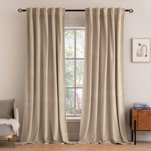 CTD-GR-184GK_1 MIULEE Velvet Curtains 84 inches 2 Panels - Luxury Blackout Curtains for Bedroom Living Room Thermal Insulated Super Soft Window Drapes Rod Pocket & Back Tab, Camel Beige, W52 x L84 inches